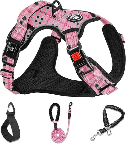 NESTROAD No Pull Dog Harness with Leash, Reflective No Choke Pet Vest Harness,Adjustable Soft Padded Dog Harness with Easy Control Handle for Medium Dogs(Checkered Pink,Medium)