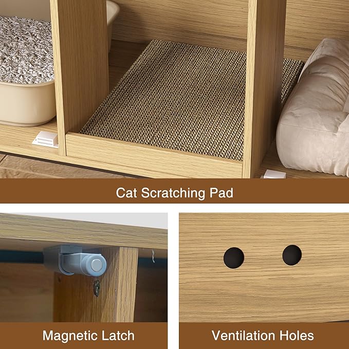 Kitty Litter Box Enclosure for 2 Cats, Small Hidden Cat Litter Box Furniture with Scratch Pad, Modern Fluted Double Litterbox Cabinet TV Stand for Kittens, Natural