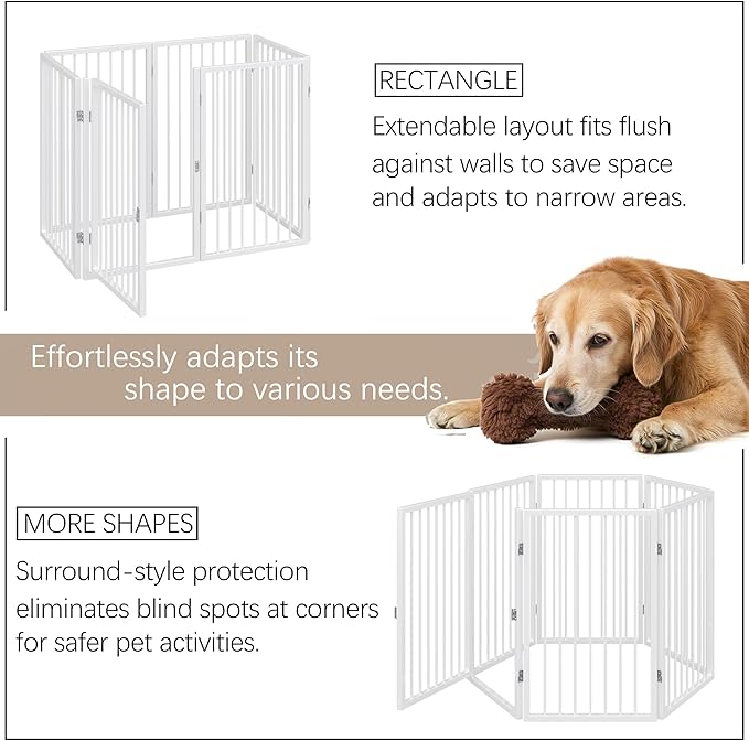 Vantas Folding No-Assembly Metal Pet Gate 120" Wide, 24" Extra Tall Dog Gate with Door Walk Through, Freestanding Accordion Puppy Gate Dog Door for Indoor & Outdoor, with 2PCS Support - White