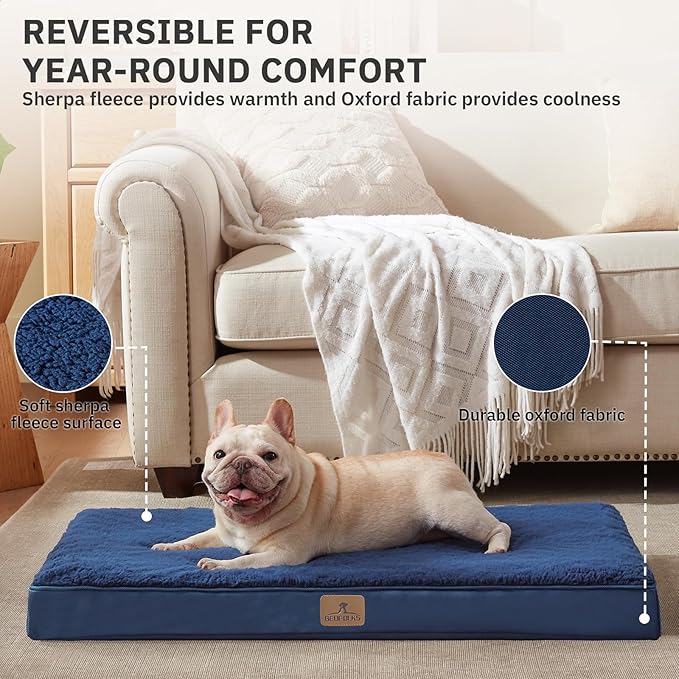 Bedfolks Orthopedic Dog Bed for Large Dogs - Egg Foam Dog Crate Bed with Removable Waterproof Cover, Pet Bed Mat Suitable for Dogs and Pets Up to 65 lbs (36 x 27 x 3 inches, Navy)