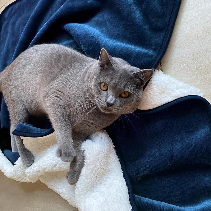 Waterproof Blanket for Bed Couch Sofa, Soft Liquid Pee Proof Pet Blanket for Dog Puppy Cat, Reversible Sherpa Fleece Furniture Protector (Navy Blue, 30x40 inches)