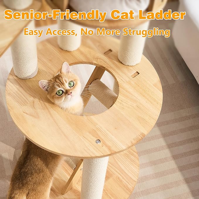 Cat Tree Modern Cat Tower for Large Cat with Scratching Post for Indoor, Solid Wood Multifunctional Cat Tower with Condo, Bed, Ladder, Space Capsule, Dangling Ball