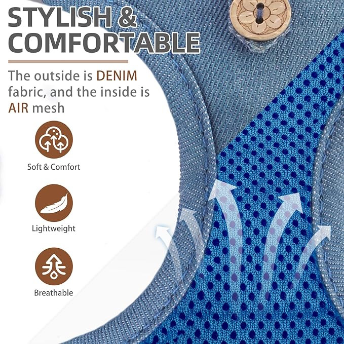 PUPTECK Dog Harness and Leash Set for Small Medium Dogs No Pull Step-in Soft Mesh Puppy Cat Vest Harnesses Reflective at Night, Denim Steelblue M