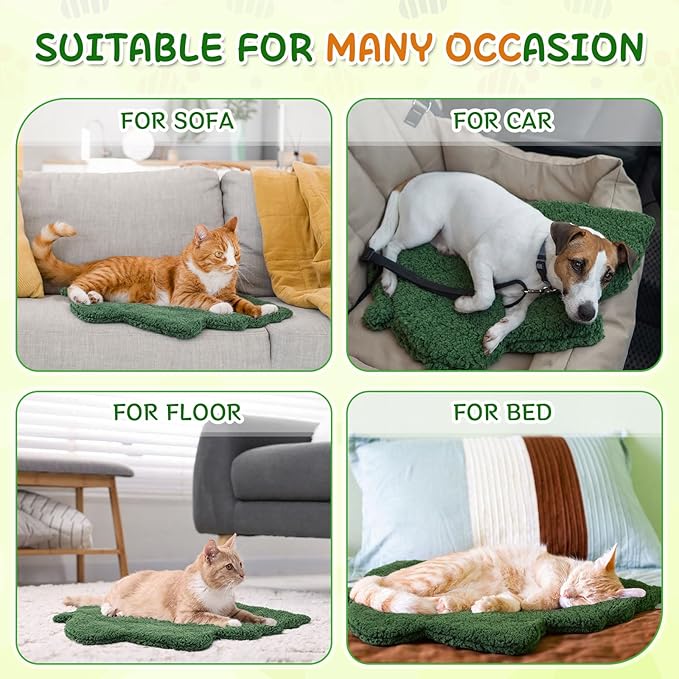 3 Pack Self Warming Cat Dog Bed Leaf Shape Self Heating Pet Mat Non Electric Washable Thermal Sleeping Pad Plush Heated Pet Mat for Crate Floor Indoor Outdoor(Dark Green,Small-16 x20)