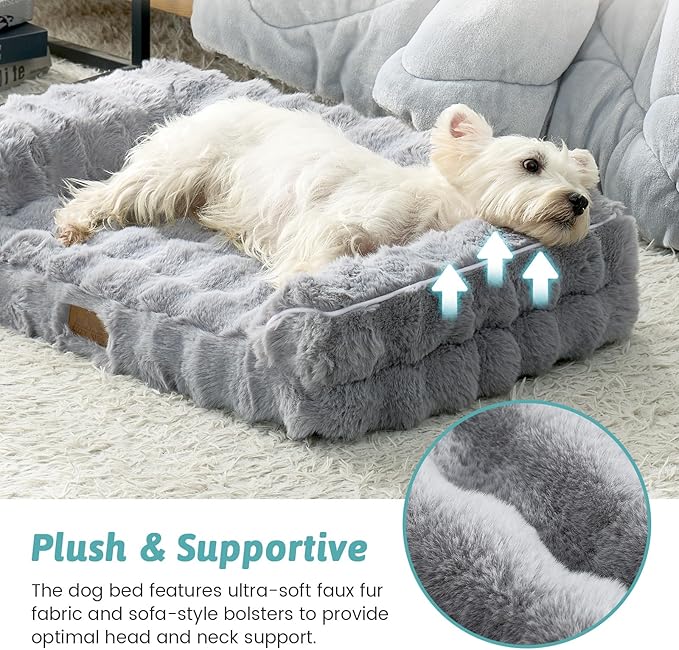 Faux Rabbit Fur Orthopedic Dog Bed, Dog Bed for Large Size, Supportive Foam Pet Sofa with Waterproof Lining Cover, Washable U-Shaped Pet Couch with Anti-Slip Bottom, Grey L 36x27x6.5 inch