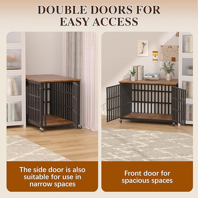 48 Inch Dog Crate Furniture, Heavy Duty Wooden Dog Kennel for Large Dogs, Chew Proof & Escape-Proof Indoor Dog Cage with TV Stand, for Anxious Dogs, Black Brown Cabinet