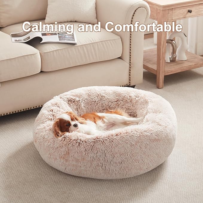 30 inches Donut Dog Bed for Medium Dogs,Calming Fluffy Round Pet Bed with Removable & Washable Cover,Fits up to 45 lbs Pets(Brown,Medium)
