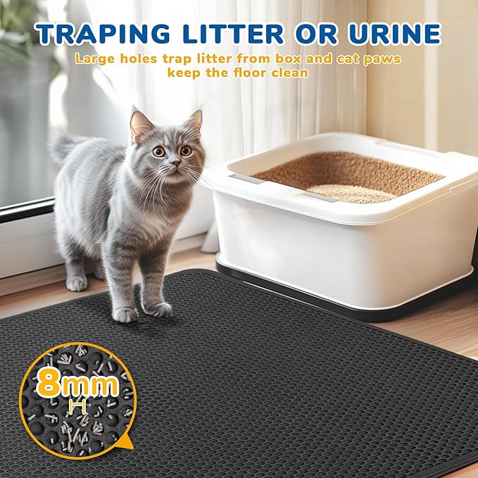 BurgeonNest Cat Litter Mat 47" x 35" Upgraded Felt & Fabric Material Cat Trapping Mat for Fewer Creases, Extra Large Hold 3-4 Litter Boxes Urine-Proof Non-Slip, Machine Washable, Soft on Paws, Black