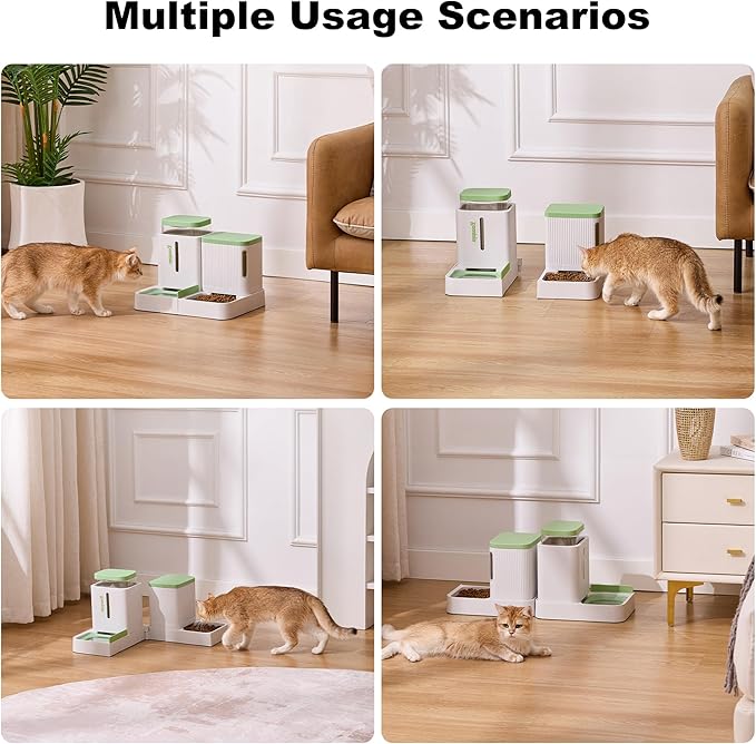 Gravity Cat Feeder and Water Dispenser, 2 in 1 Cat Self Feeder with 180 Degree Rotatable, Automatic Feeding Large Capacity for Small Medium Dog Puppy Kitten, White & Green, 0.8 Gallon x 2
