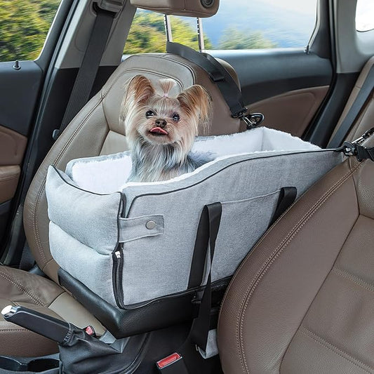 Center Console Dog Car Seat for Small Dogs Up to 12lbs,Portable Middle Console Dog Booster Car Seat with Adjustable Straps, Storage Pocket & Safety Leash