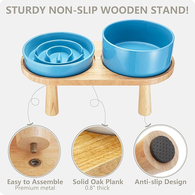 Ceramic Slow Feeder and Water Bowl Set for Medium and Large Dogs, 8.0inch Ceramic Dog Bowls Elevated with Wooden Stand, 2.0 Cups Dog Slow Feeder(30oz) and 70oz Water Bowl Set, Blue