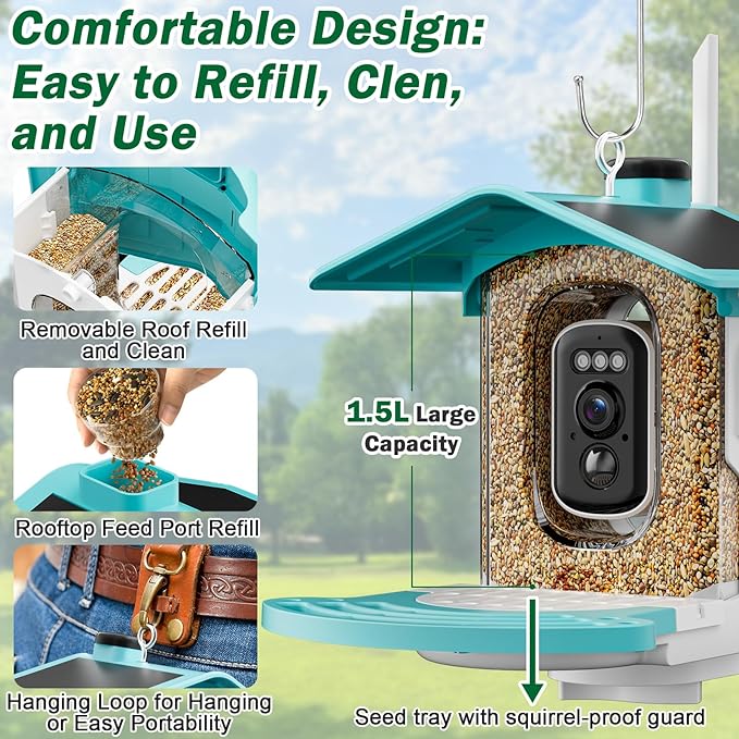 Smart Bird Feeder with Camera Solar Powered - AI Bird Identification, 2K HD Video Live Stream Camera, 3MP Photos, 2.9in Focus, Gifts for Mom Dad Birdlovers, Blue