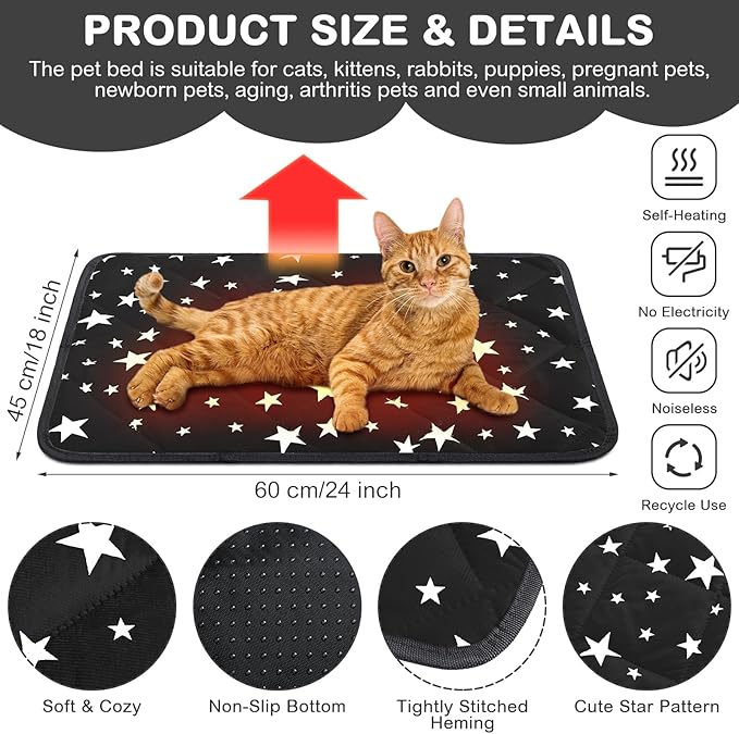 Namalu 4 Pack Self Warming Cat Bed Self Heating Cat Mat Star Pattern Soft Dog Crate Pad Thermal Pet Mat Anti Slip Kennel Dog Washable Warming Bed for Outdoor Indoor (18 x 24 Inch,Black)