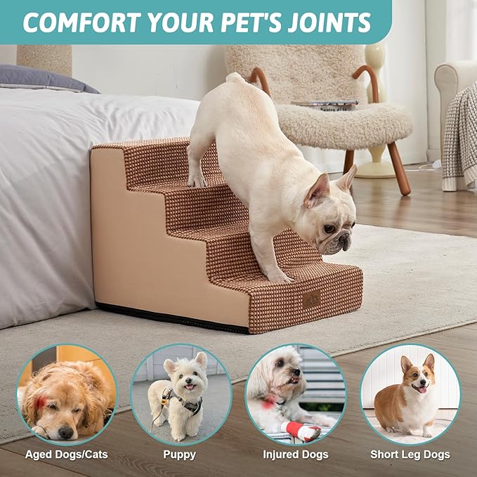 Dog Stairs for Small Dogs, 17.7" Extra Wide Right-Angle Pet Stairs for Couch and Beds, Anti-Slip Dog Steps for Old Cats and Lowrider, 17.7x23.6x17.7 inch, Light Brown