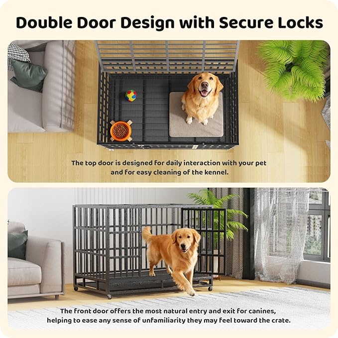 Heavy Duty Indestructible Dog Crate 48in,High Anxiety Dog Crate with Removable,Escape-Proof Double Door Dog Cage,Heavy Duty Dog Kennel Indoor with Lockable Wheels for Medium Large XL XXL Dogs