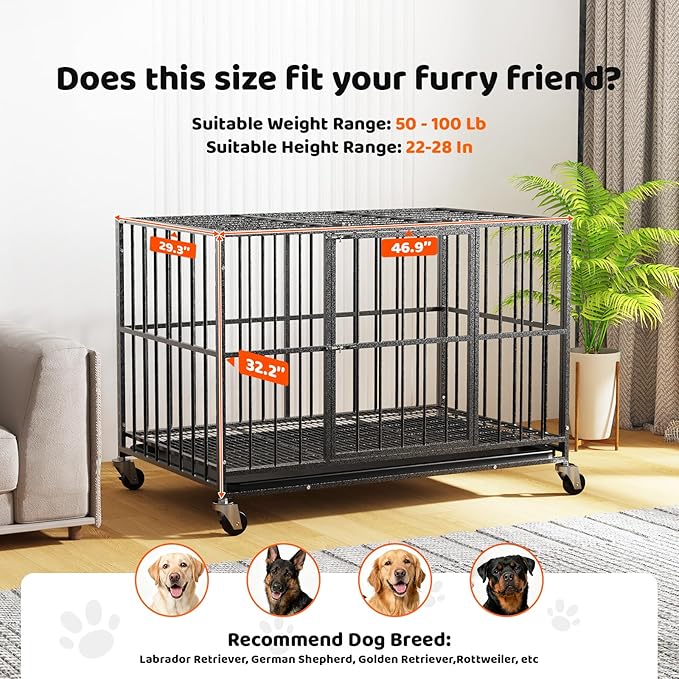 Heavy Duty Dog Crate 48 Inch, Indestructible Dog Crate with Removable Tray, Escape Proof & High Anxiety Dog Kennel Indoor, Metal Dog Cage with Wheels for Large Dogs, XL XXL XXXL