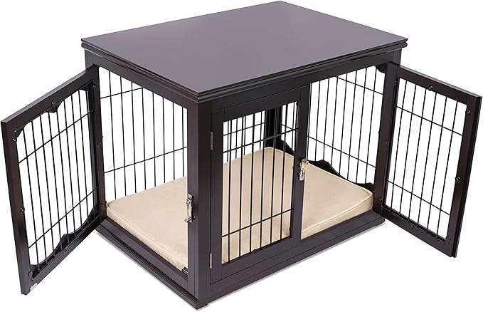 Internet's Best Decorative Dog Kennel with Pet Bed | Double Door | Wooden Wire Dog House | Large Indoor Pet Crate Side Table | Espresso