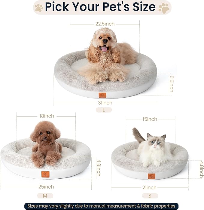 Round Donut Dog Bed – Luxury Orthopedic Dog Beds with Memory Foam – Calming Bolster Pet Bed, Water-Resistant, Washable Plush Cover, Premium Zipper – Small, Medium Dogs & Cats (25 Inches)