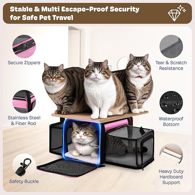 Top and 2 Sides Expandable Cat Carrier 18x11x11, TSA Airline Approved Dog Carriers for Medium Dogs, Soft-Sided Pet Carrier with Self-Locking Zippers for Kitten,Rabbit, Puppy, Guinea Pig Pink