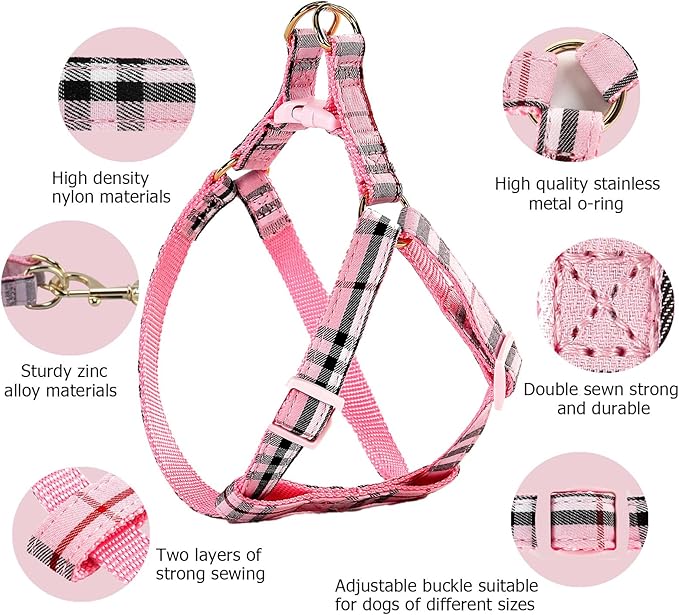 Cute Plaid Dog Collar Harness and Leash with Safety Buckle - Adjustable and No Pull Comfortable Dog Collars for Small Puppy, Stylish Durable Gift for Boy Girl Pets