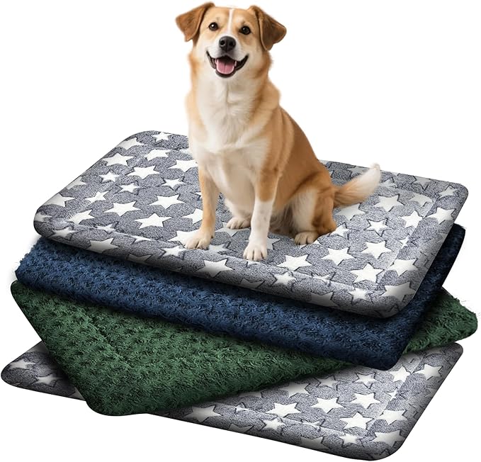 4 Pcs Washable Dog Bed Plush Orthopedic Outdoor Crate Mat with Non-Slip Bottom,Luxe Kennel Pad for Pets,Cozy Cage Cushion&Pet Sleeping Mattress Large Sized,Medium,Small Dogs,30 x 20 inch,Color Blend