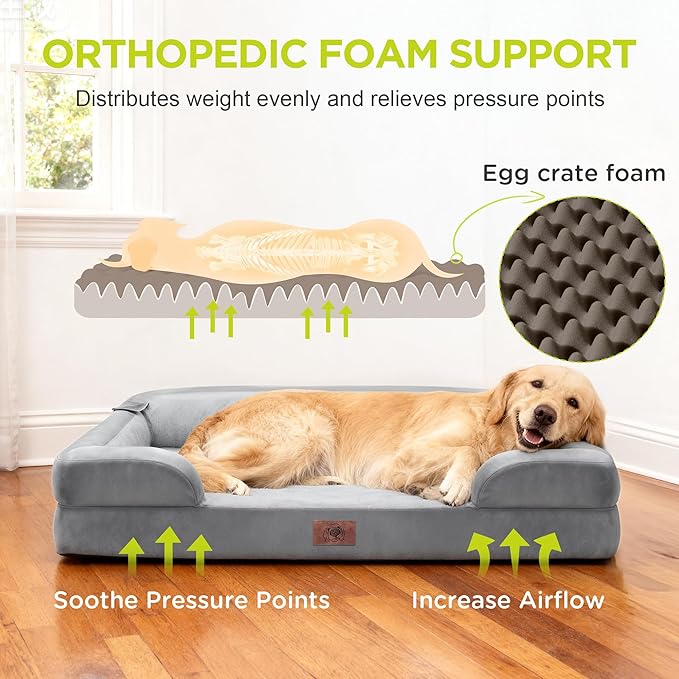 Extra Large Dog Bed, Orthopedic XL Washable Memory Foam Bed for Big Dogs Waterproof Pet Couch Sofa Bolster with Removable Cover, Non-Slip Bottom, Tennis Ball Toy, 42x30