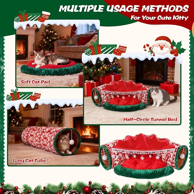 Christmas Cat Tunnel Bed, 2-in-1 Cat Tunnel for Indoor Cats, Soft Washable Covered Pet Cave Bed, Play Tube Pet Toys for Cats, Rabbits, and Small Animals