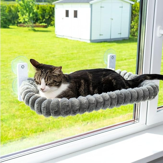 Cat Window Perch — Premium Cat Window Hammock with 4 Large Suction Cups & Soft Bubble Cushion; Strong Rustproof Metal Frame Window Bed Holding 40lbs; Easy Assembly Perch for Indoor Cats; Gray
