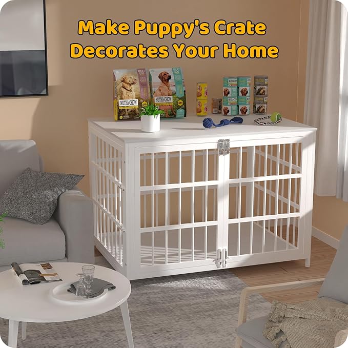 Heave Duty Dog Crate Furniture, Various Sizes & Colors Optional, Indestructible Cage for High Anxiety Dogs with Wooden Table for Indoor Decorative, Escape-Proof Locks & Double Door for Large XL Dogs