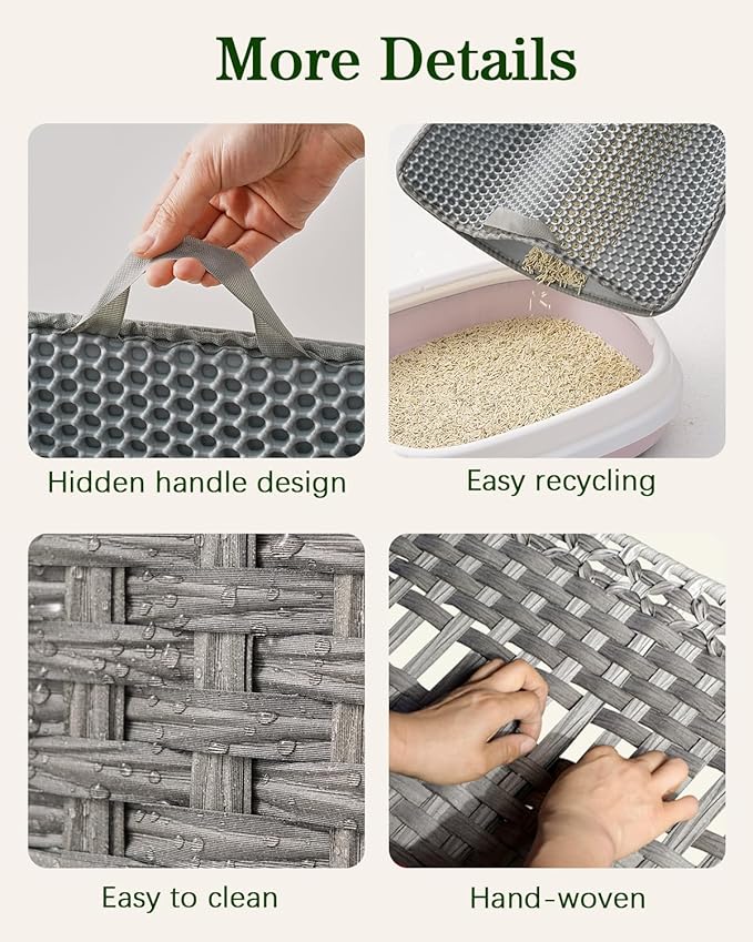 Cat Litter Box Enclosure Furniture, Handwoven Rattan Hidden Litter Box with Mat, Large Space Cat House with 2 S-Shaped Hooks 30.3 x 18.3 x 24.4 Inches, Indoor for Living Room Apartment Gray