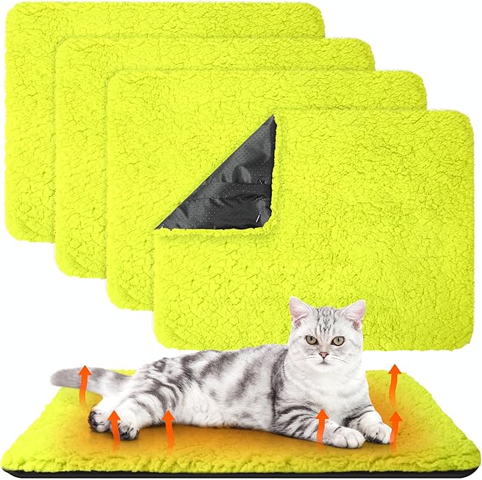 4 Pack Self Warming Cat Pads Self Heating Cat Mat Washable Homeless Dogs Thermal Pads Kennel Pad Reflects Body Heat Warm Crate Bed Mat for Indoor Outdoor Pet(Fluorescent Green,16 x 20 Inch)
