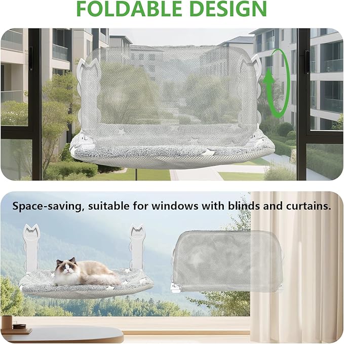 2 Pack Cat Window Perch, Glow in The Dark Foldable Cat Window Hammock with Sunken Design, Removable Soft Cover, Breathable Cordless Window Bed for Cats Inside Holds up to 40lbs (Grey, 2 Pack)