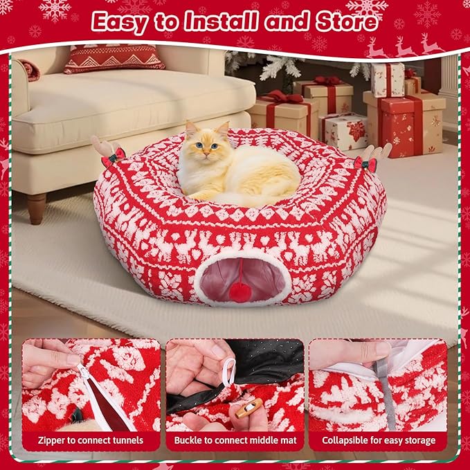 Cat Tunnel Christmas Tree Skirt, Cute Cat-Proof Tunnel Bed Under Christmas Tree with Washable Cushion, Soft Pet Donut Cave Decorative Tube Bed, Pet Toy Gifts Xmas Tree Protector from Cats