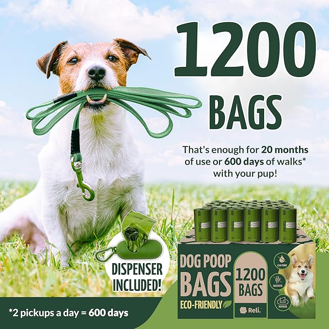 Reli. Biodegradable Dog Poop Bags w/Holder (1200 Count - 80 Rolls Bulk) | Leash Clip Dispenser | 9x13" Large Dog Bags for Poop | Green Eco-Friendly Oxobiodegradable Waste Disposal Refills (Unscented)