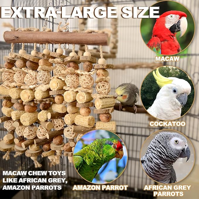 Extra Large Bird Macaw Chew Toys for Pets - Natural Wood - Heavy Duty Foraging and Destructive Play for Large Parrots - Bird Cage Accessories - for Macaw, Cockatoo, African Grey, Amazon Parrots
