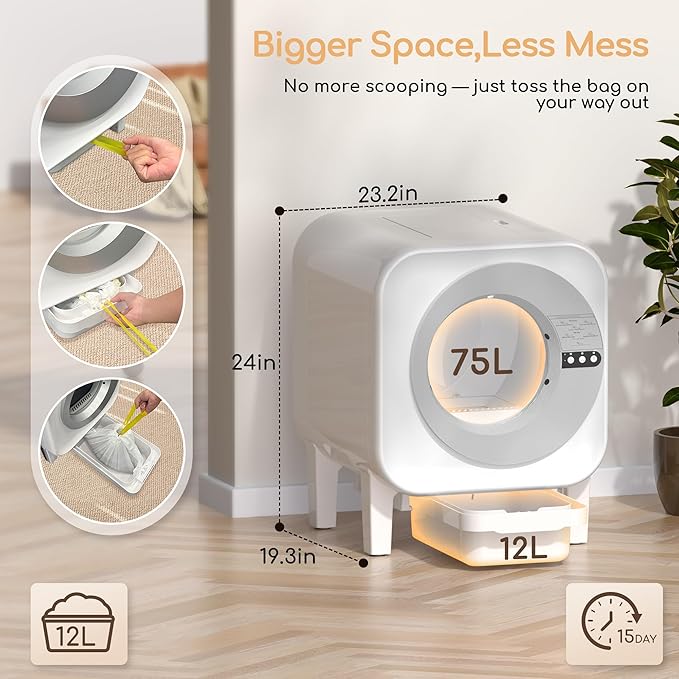 MICDAY Self Cleaning Litter Box, Automatic Litter Box Self Cleaning with APP Control Dynamic Monitoring,75L Litter Robot Dual Sensor Safety Protection, Odor Control System