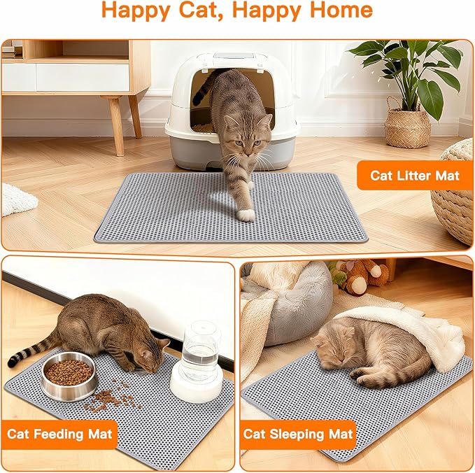 Cat Litter Box Mat for Small Cats, Double Layer Honeycomb Cat Litter Trapping Mats, Waterproof Urine Proof Non-Slip Litter Pad for Indoor Kitty Cat Litter Rug, Easy to Clean Grey (23.6'' x 14.9'')