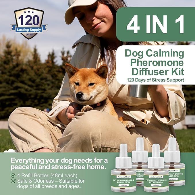 Dog Calming Pheromone Diffuser Refills, 4 Pack 48ml, Helps Dogs Relieve Anxiety, Reduce Stress, Aggression, Barking, Chewing, Scratching, Supports Dogs Travel, Vet Visits, Separation, Loud Noises