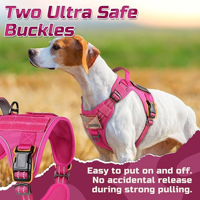 rabbitgoo Tactical Dog Harness for Large Dogs, No Pull Military Service Vest with Handle & Molle, Easy Control for Training Walking, Adjustable Reflective Straps, Rose Red, L