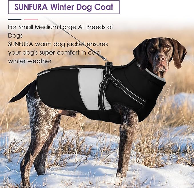 SUNFURA Dog Winter Coat, Waterproof Dog Coat Jacket with Harness for Medium Dogs Boys Girls, Reflective Fleece Lined Pet Snow Jacket Sweaters for Pug, Jack Russel, Boston Terrier, Black M