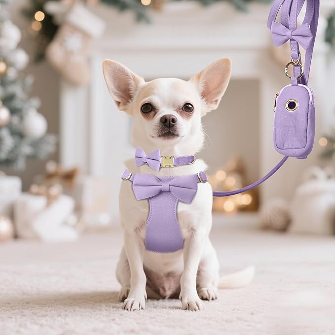 Beirui Cute XXS Dog Harness Set with Three Detachable Bows, Adjustable Step in Dog Harness Collar and Leash Set with Secure Metal Buckle for Daily Walking, Parties & Holiday Outfits(Purple,XXS)