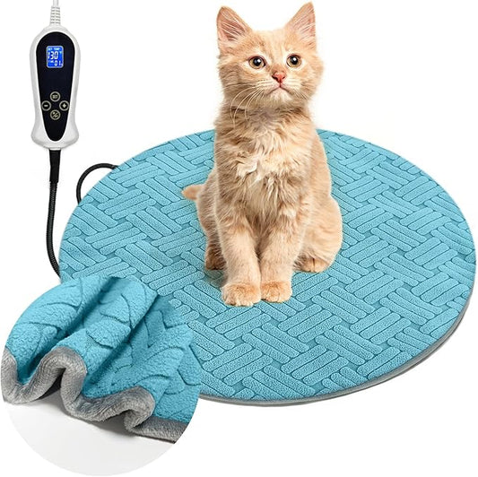 Cat Heating Pad with Smart Thermostat Switch and Chew Resistant Cord, Upgraded Adjustable Controller, Temperature and Timer Adjustable, Round-16 inches Soft Cloth Heated Cat Bed for Dogs & Cats