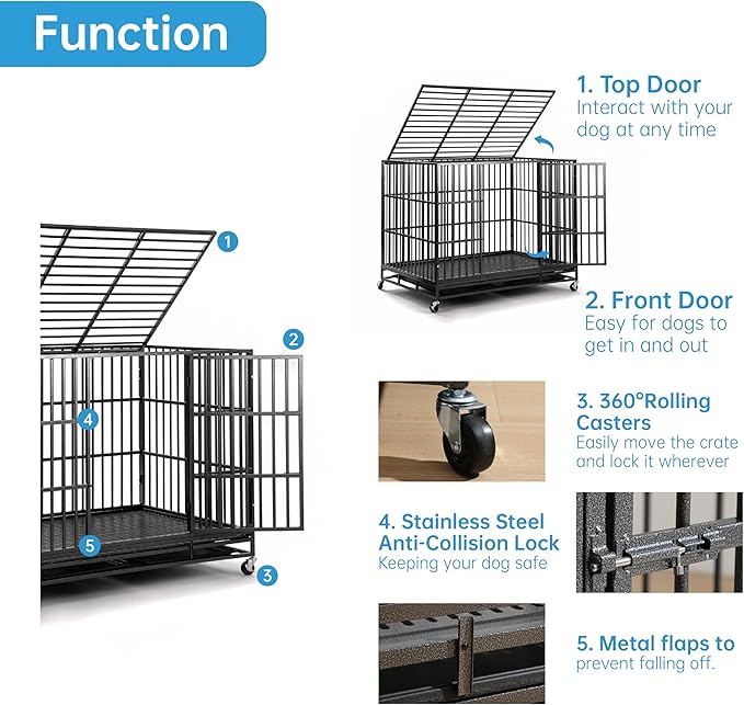 60 inch Heavy Duty Dog Crate, Folding Dog Kennel No Assembly, Escape Proof Large Dog Cage Kennel with Lockable Wheels, High Anxiety Pet Playpen with Double Door Indoor/Outdoor
