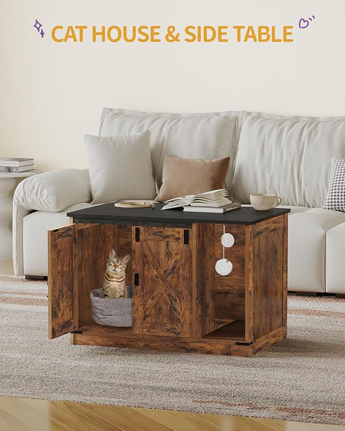 Cat Litter Box Enclosure, Hidden Litter Box Cabinet Furniture with Bell, Indoor Cats House, Farmhouse Style, 31.5 x 19.7 x 20.9Inches, for Hallway, Bedroom, Rustic Brown and Black CB82401X