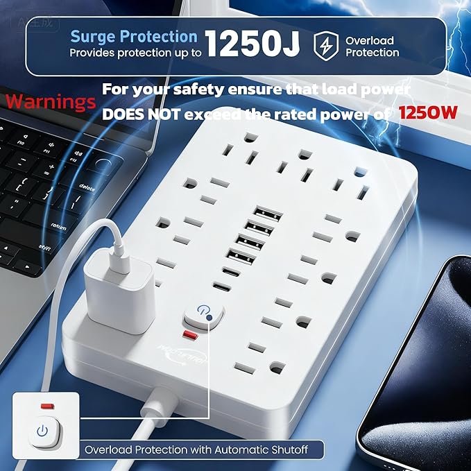 6 FT Flat Plug Surge Protector Power Strip,11 Multiple AC Outlets with 6 USB Ports (2 USB C), 6 Feet Extension Cord, 1250W/10A, One Touch Switch Button, 17 in 1 Compact powerstrip-White