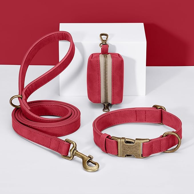 Didog Soft PU Leather Dog Collar, Stylish Quick Released Dog Collars for Medium Dogs, Easy Clean Adjustable Pet Collar for Daily Walking, Red, M Fit 13-21" Neck