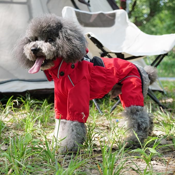 LOVELONGLONG Waterproof Dog Raincoat with Removable Hood – Outdoor Full Body Dog Jacket, Windproof Snowproof Shell Suit – All Season Pet Rain Gear Red 3XL