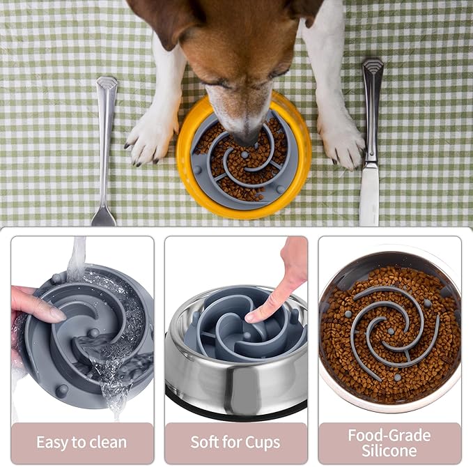 Slow Feeder Dog Bowls Insert, Bestalk Soft Silicone Slow Eating Feeder Insert with Suction Cups for Small, Medium and Large Dogs, Fit into Basic and Elevated Dog Bowls, Grey
