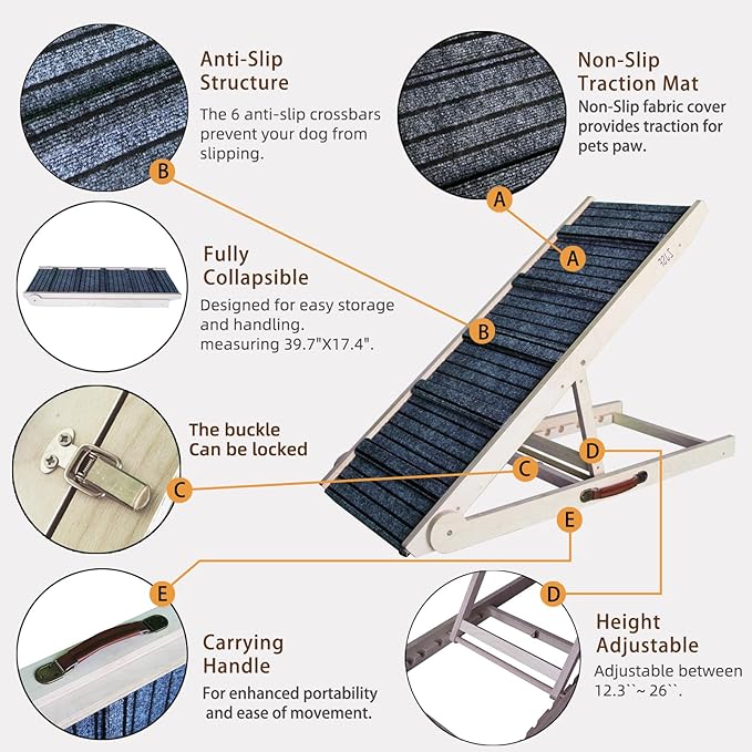 ZJSF Dog Ramp for Bed,Foldable Wooden Portable Non-Slip Dog Ramp for Couch,Small to Large Pet Ramp for Cars,Stairs with High Traction Mat,6 Adjustable Height from 12.2" to 26",Supports up to 230lbs