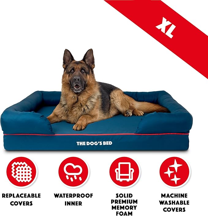 The Dog’s Bed Orthopedic Dog Bed XL Oxford Blue with Red Trim, Memory Foam, Pain Relief: Arthritis, Post Surgery, Lameness, Supportive, Waterproof Washable Cover